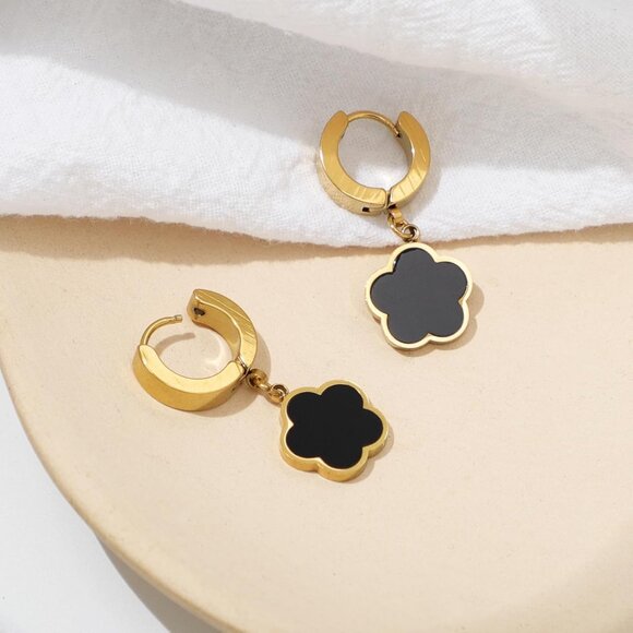 Women's 18K Gold-Plated Zircon Earrings Hoop Dangle Clover Earring Golden Black - Picture 6 of 7